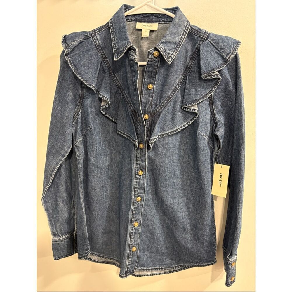 ON·34TH Women's Indigo Denim Ruffle Button-Front Shirt - XS